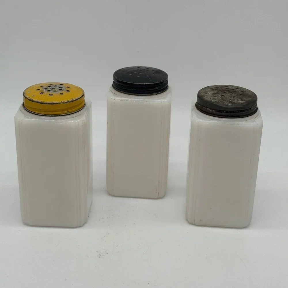 Vintage McKee Tipp City Milk Glass Sugar Salt Pepper Range Shaker Set Flower 40s